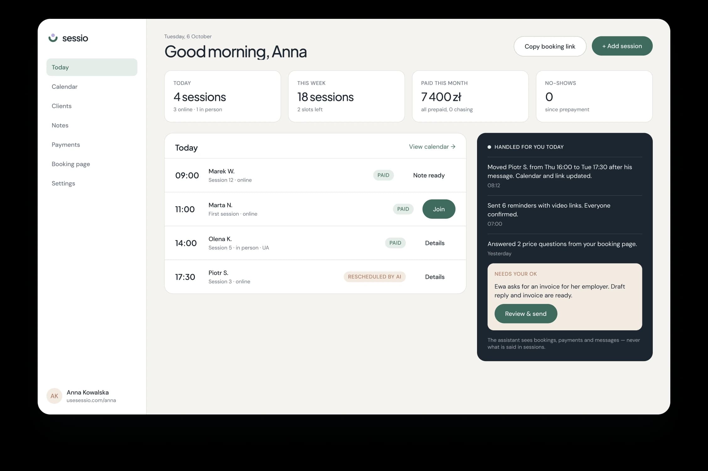 Sessio dashboard: today's sessions, payments and what the assistant handled