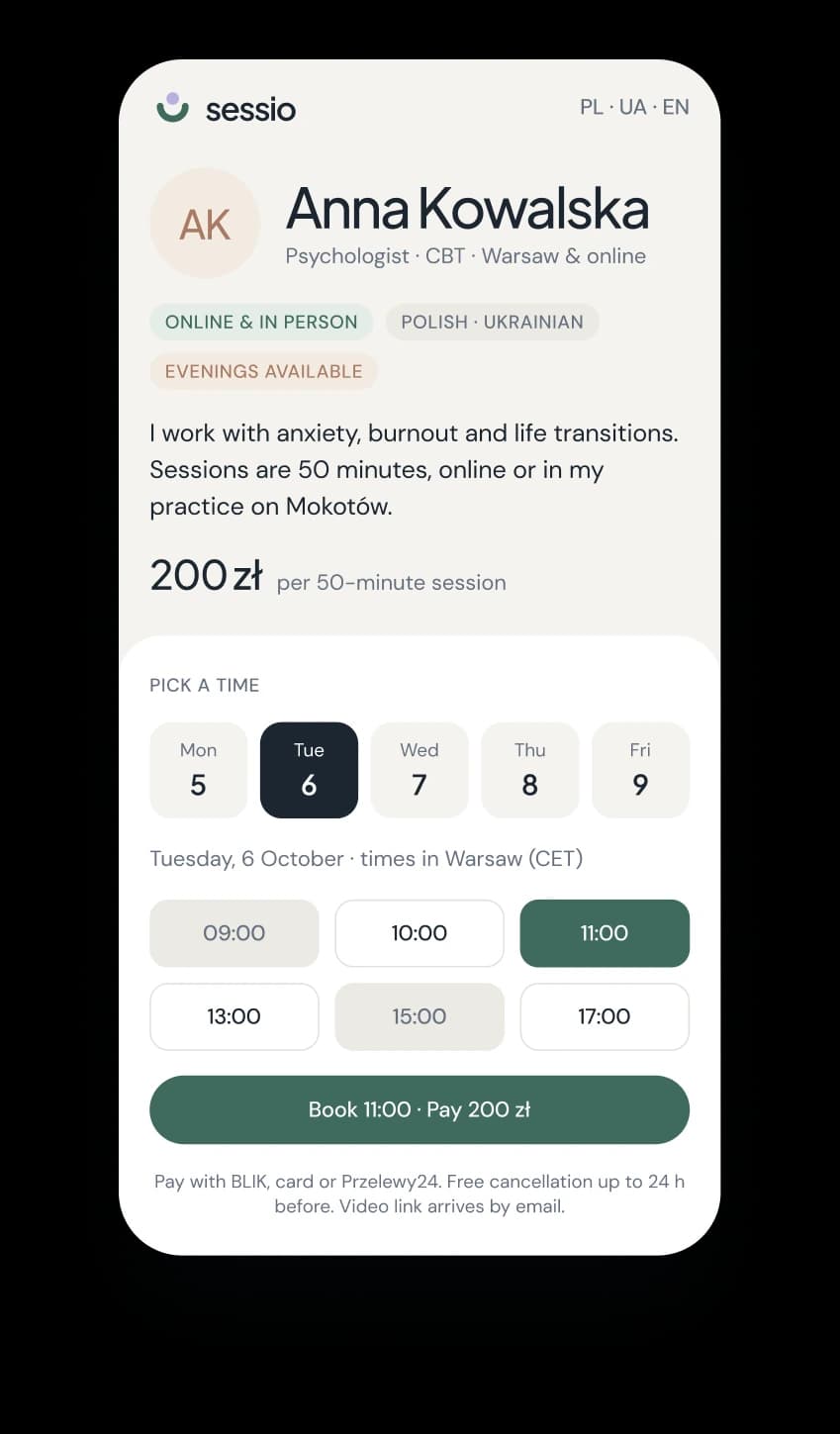 A therapist's booking page on a phone, with times to pick and BLIK prepayment