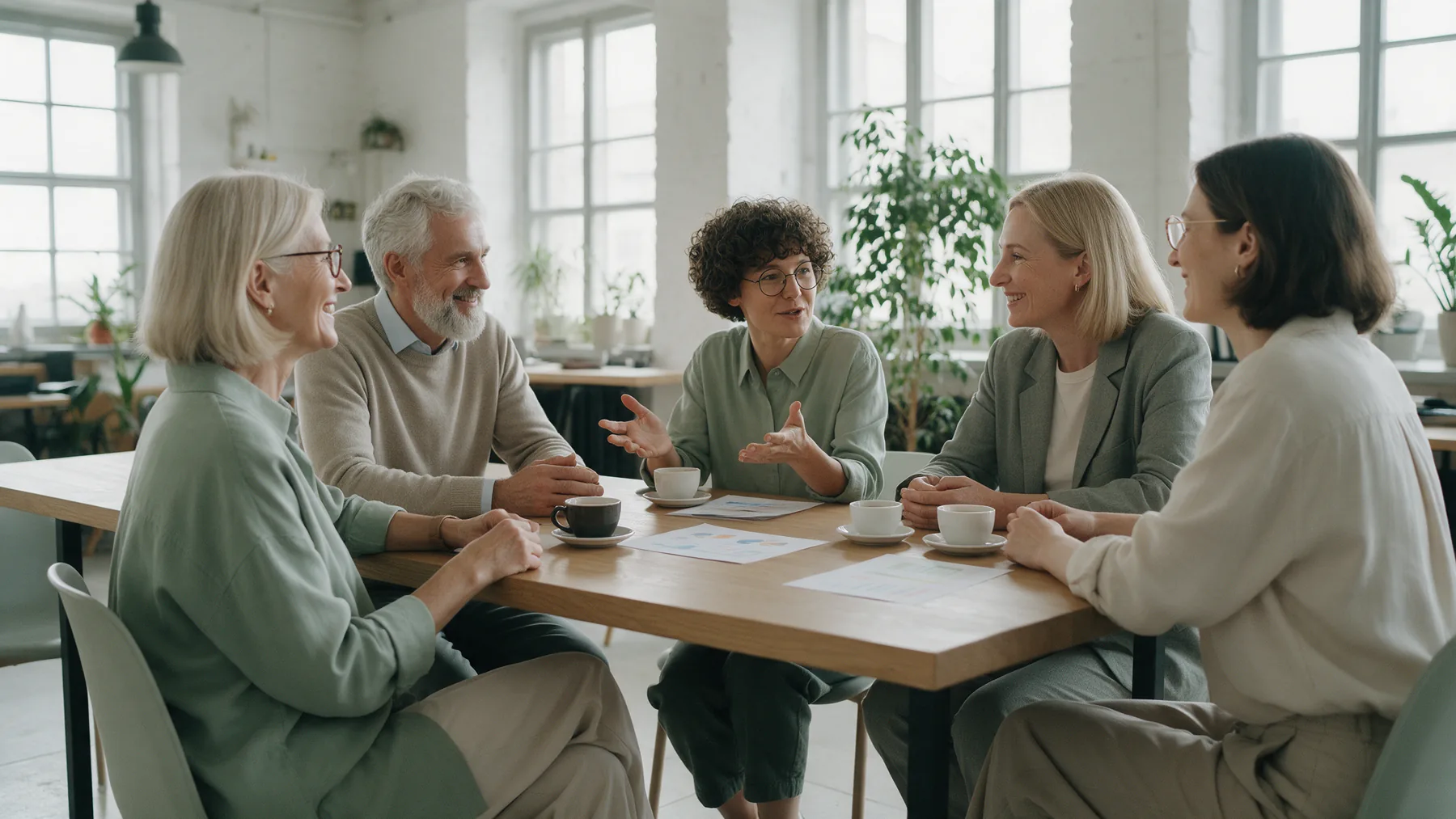 A small group of psychologists talking around a long table in a bright loft