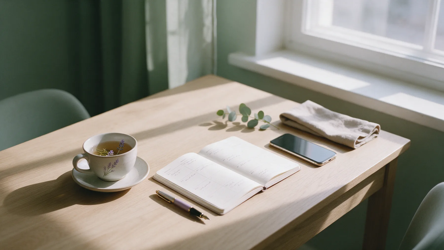A therapist's desk with a laptop and notebook by a window